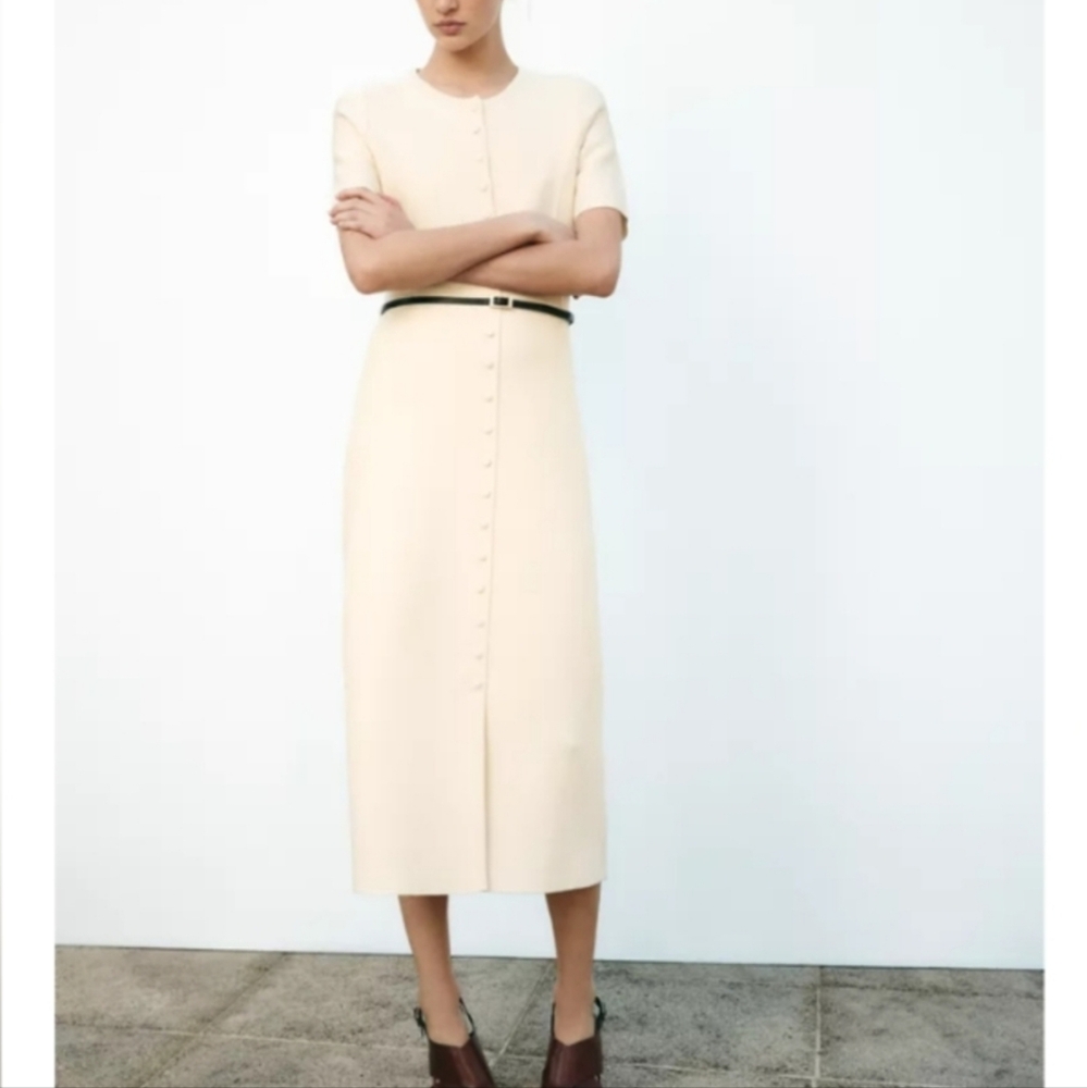 ZARA NWT BELTED CREAM KNIT MIDI DRESS SIZE MEDIUM